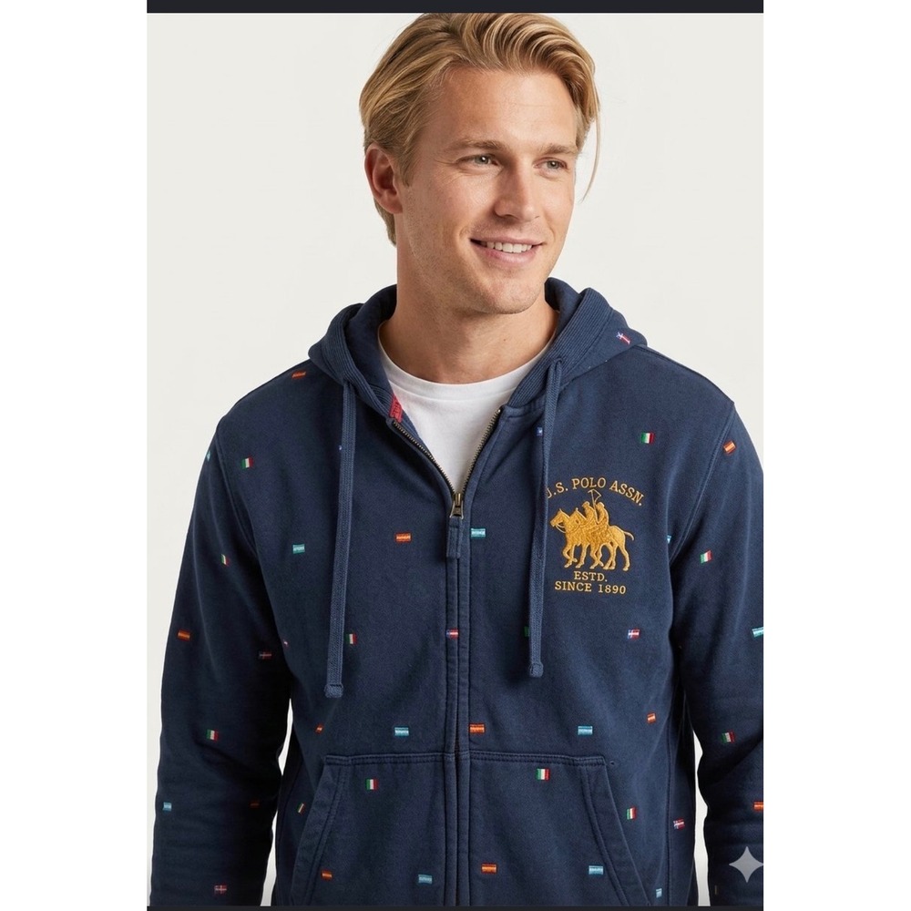 US Polo Assn Mens XL Navy Blue Flag Embroidered Full Zip Hoodie Sweatshirt